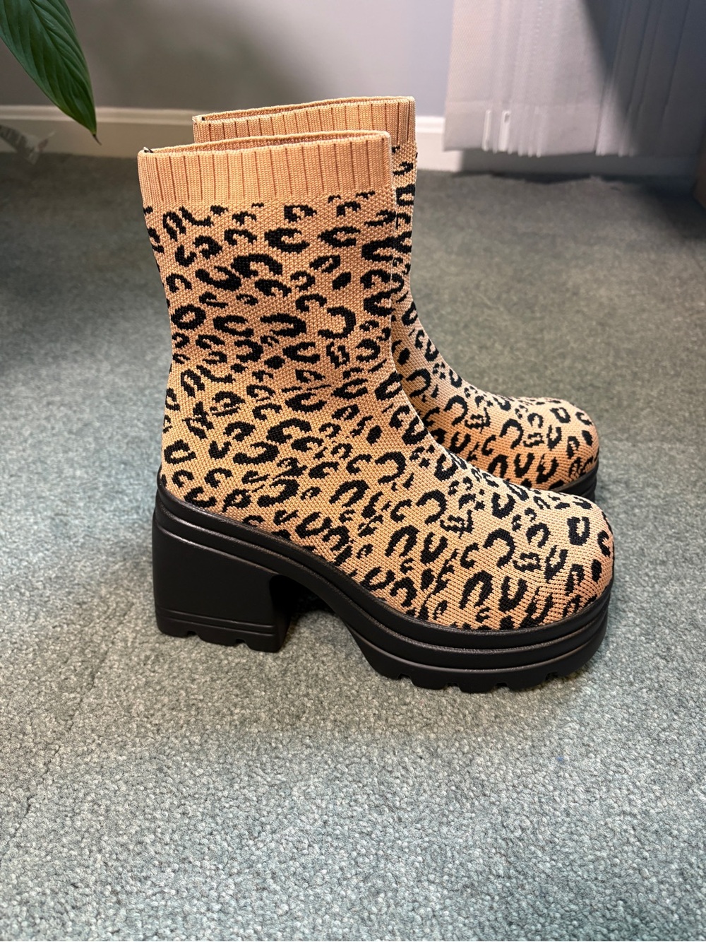 Leopard Knit Platform Sock Boots - Beige/Black